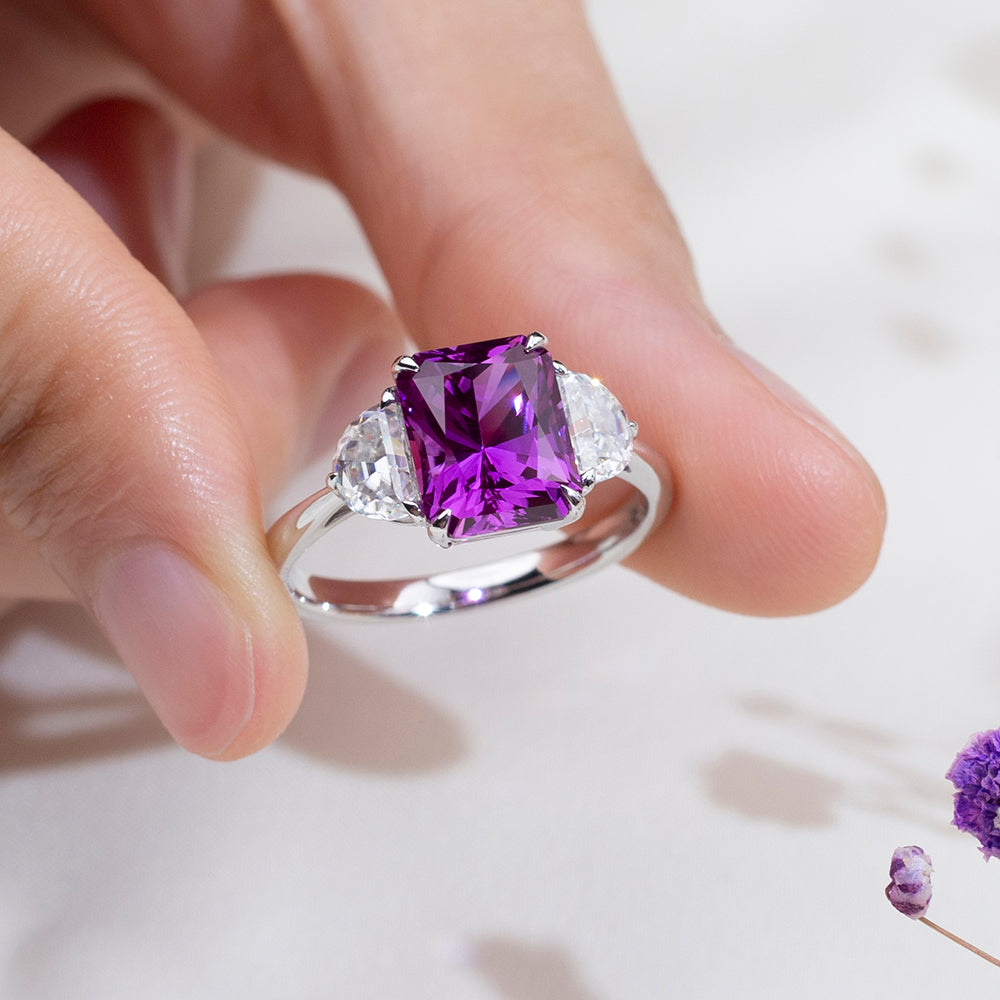 Eco-1824: Violet Flame – Lab-Grown Amethyst &  Diamond Trilogy Ring in 18K White Gold