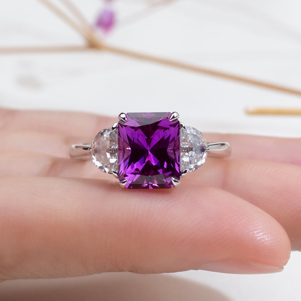 Eco-1824: Violet Flame – Lab-Grown Amethyst &  Diamond Trilogy Ring in 18K White Gold