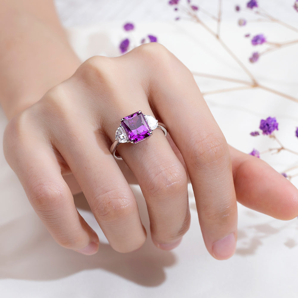 Eco-1824: Violet Flame – Lab-Grown Amethyst &  Diamond Trilogy Ring in 18K White Gold