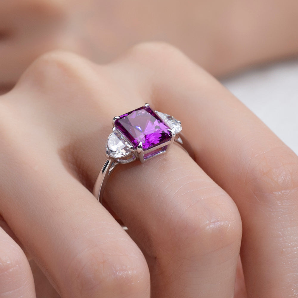 Eco-1824: Violet Flame – Lab-Grown Amethyst &  Diamond Trilogy Ring in 18K White Gold