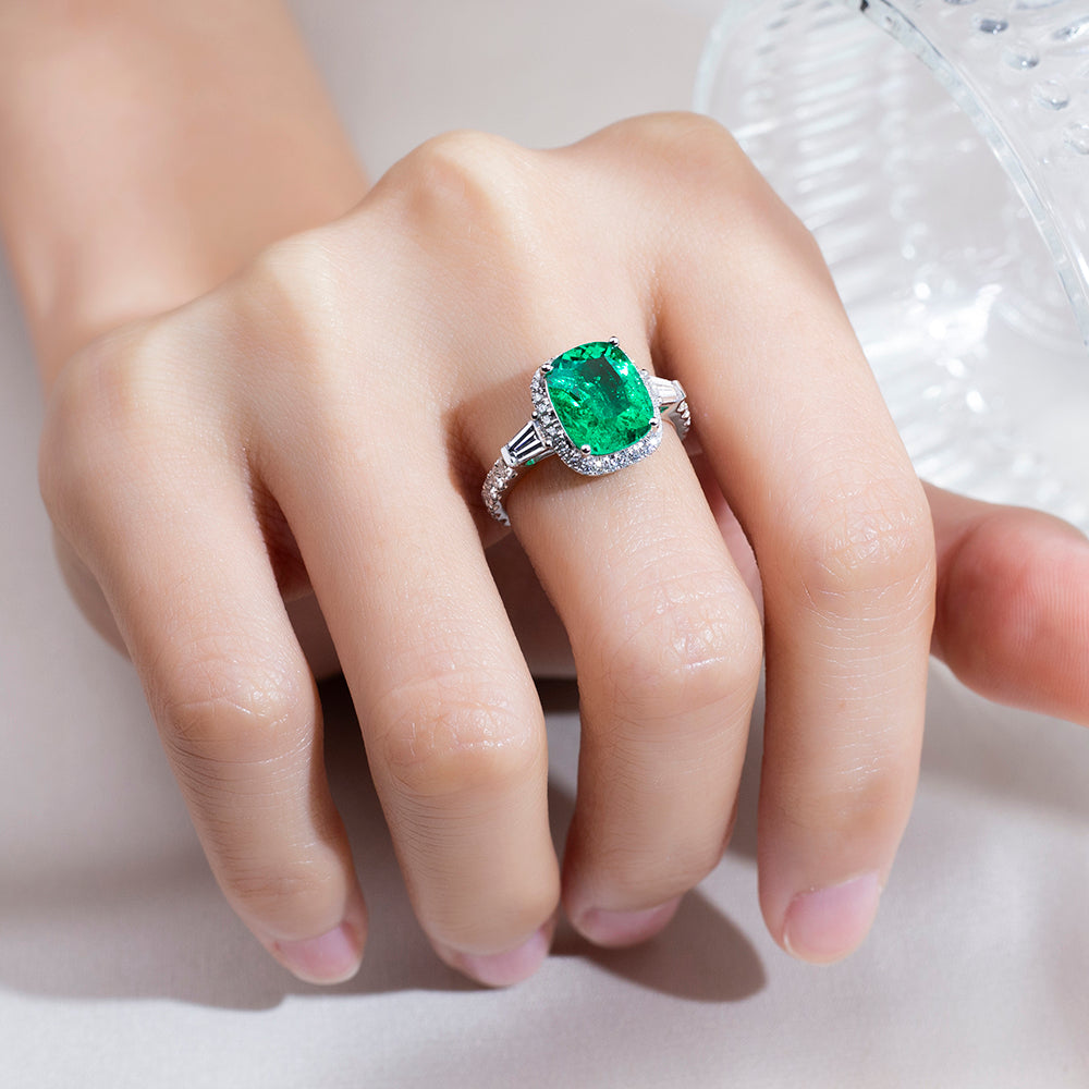 Eco-1826: Emerald Reverence – Lab-Grown Green Gemstone Halo Ring in 18K White Gold