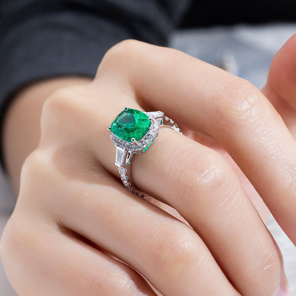 Eco-1826: Emerald Reverence – Lab-Grown Green Gemstone Halo Ring in 18K White Gold