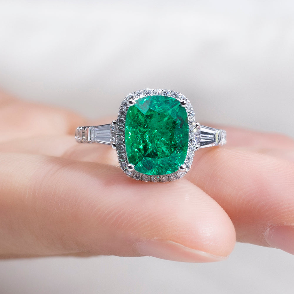 Eco-1826: Emerald Reverence – Lab-Grown Green Gemstone Halo Ring in 18K White Gold