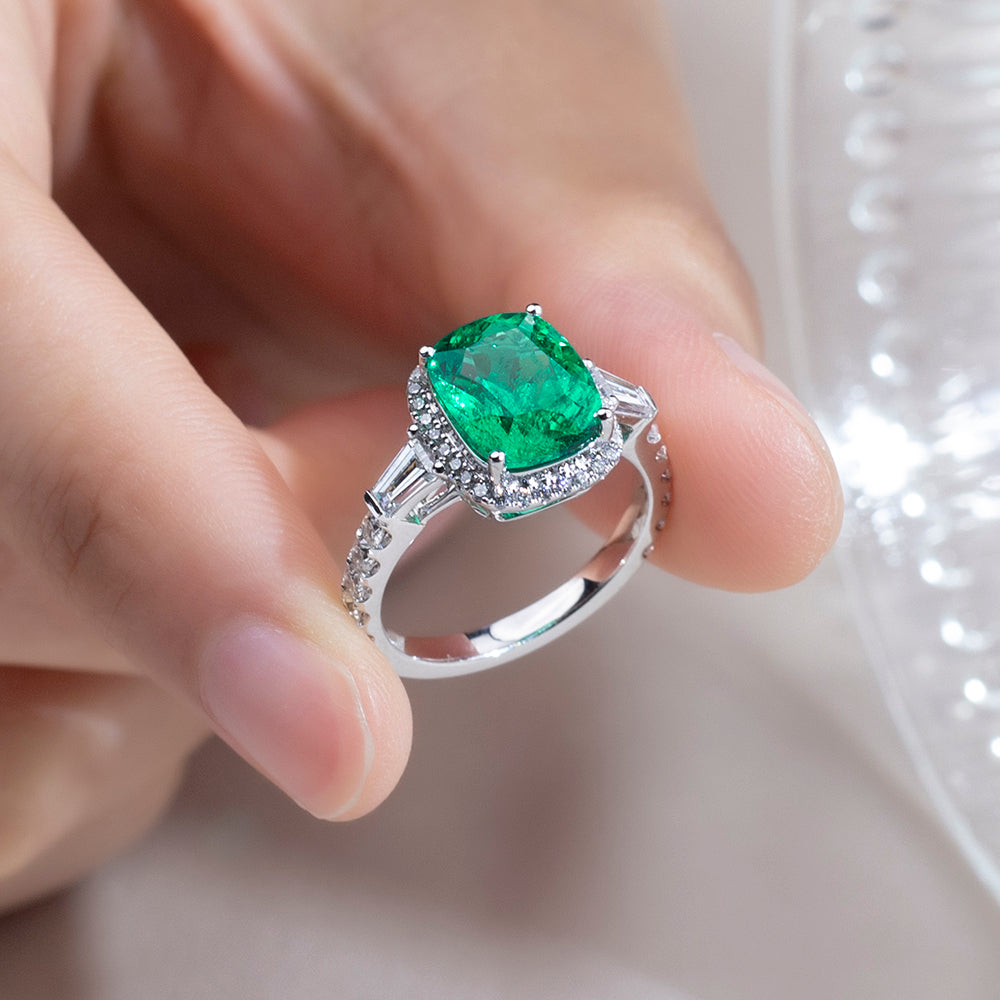 Eco-1826: Emerald Reverence – Lab-Grown Green Gemstone Halo Ring in 18K White Gold