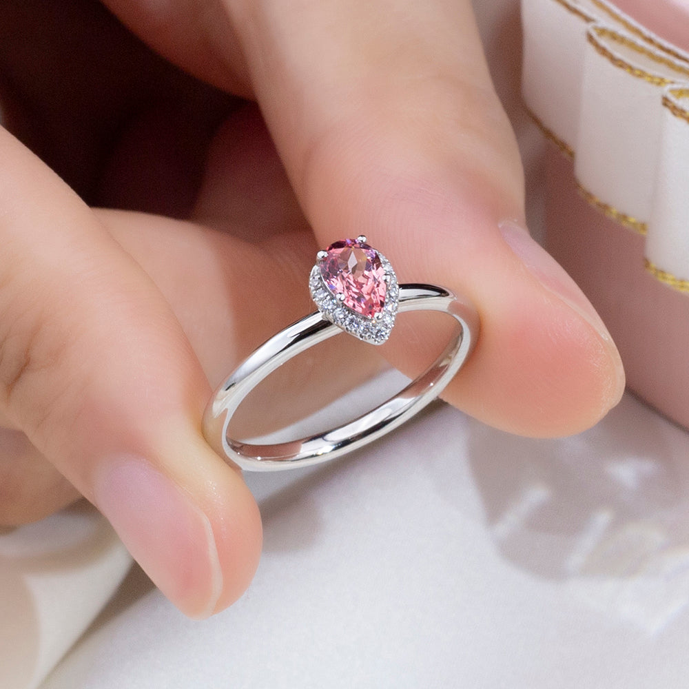 Eco-1829: Blush Aurora – Lab-Grown Pink Sapphire Halo Ring in 18K White Gold