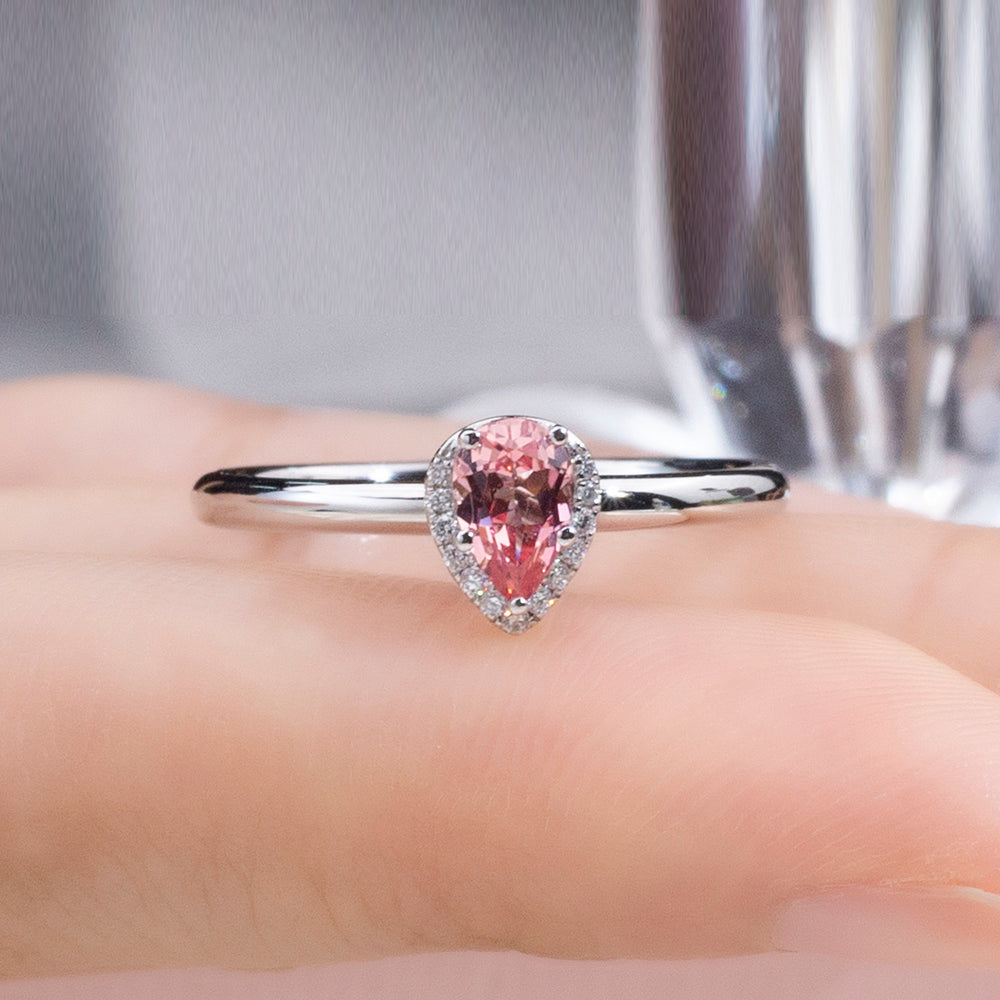 Eco-1829: Blush Aurora – Lab-Grown Pink Sapphire Halo Ring in 18K White Gold