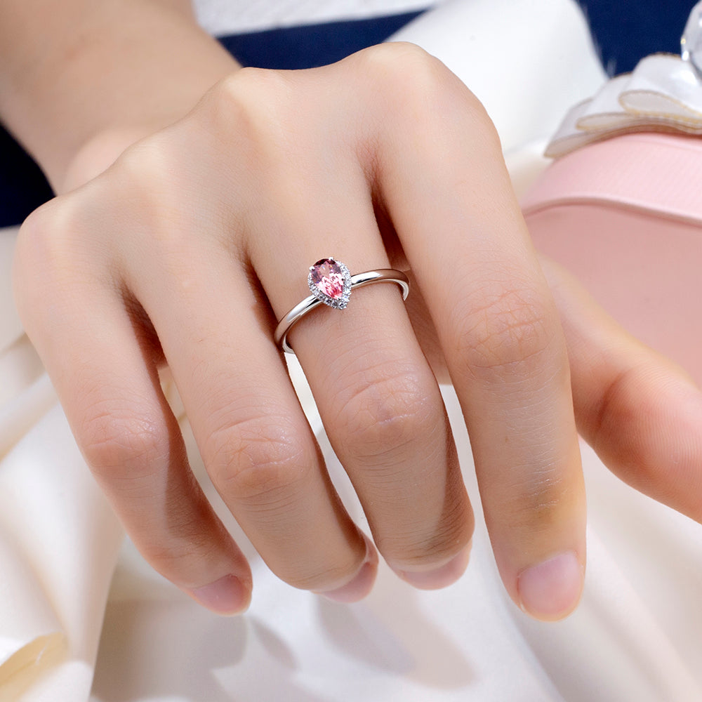 Eco-1829: Blush Aurora – Lab-Grown Pink Sapphire Halo Ring in 18K White Gold