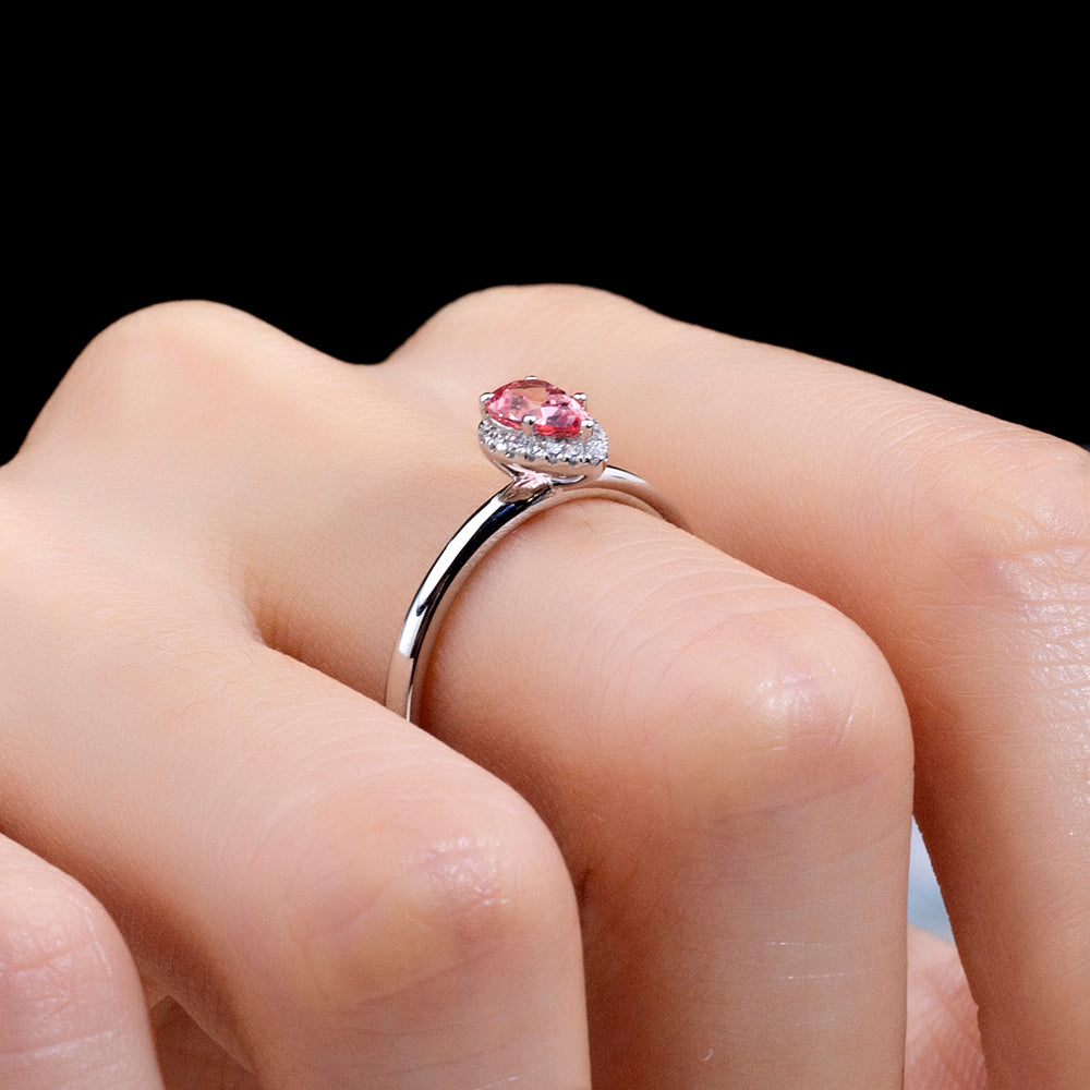 Eco-1829: Blush Aurora – Lab-Grown Pink Sapphire Halo Ring in 18K White Gold