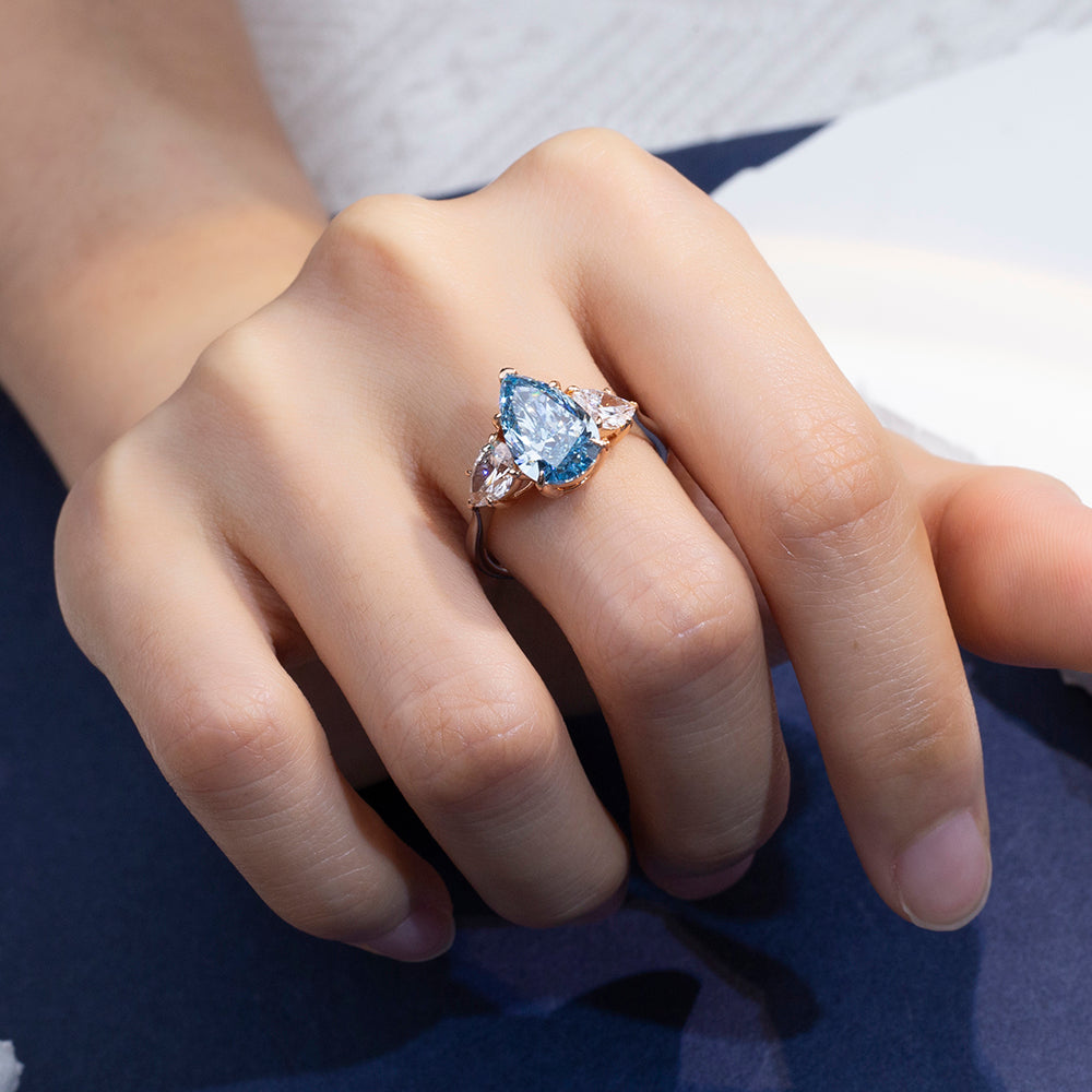 Eco-1831: Ocean Muse – Lab-Grown Blue Sapphire Trilogy Ring in 18K White Gold