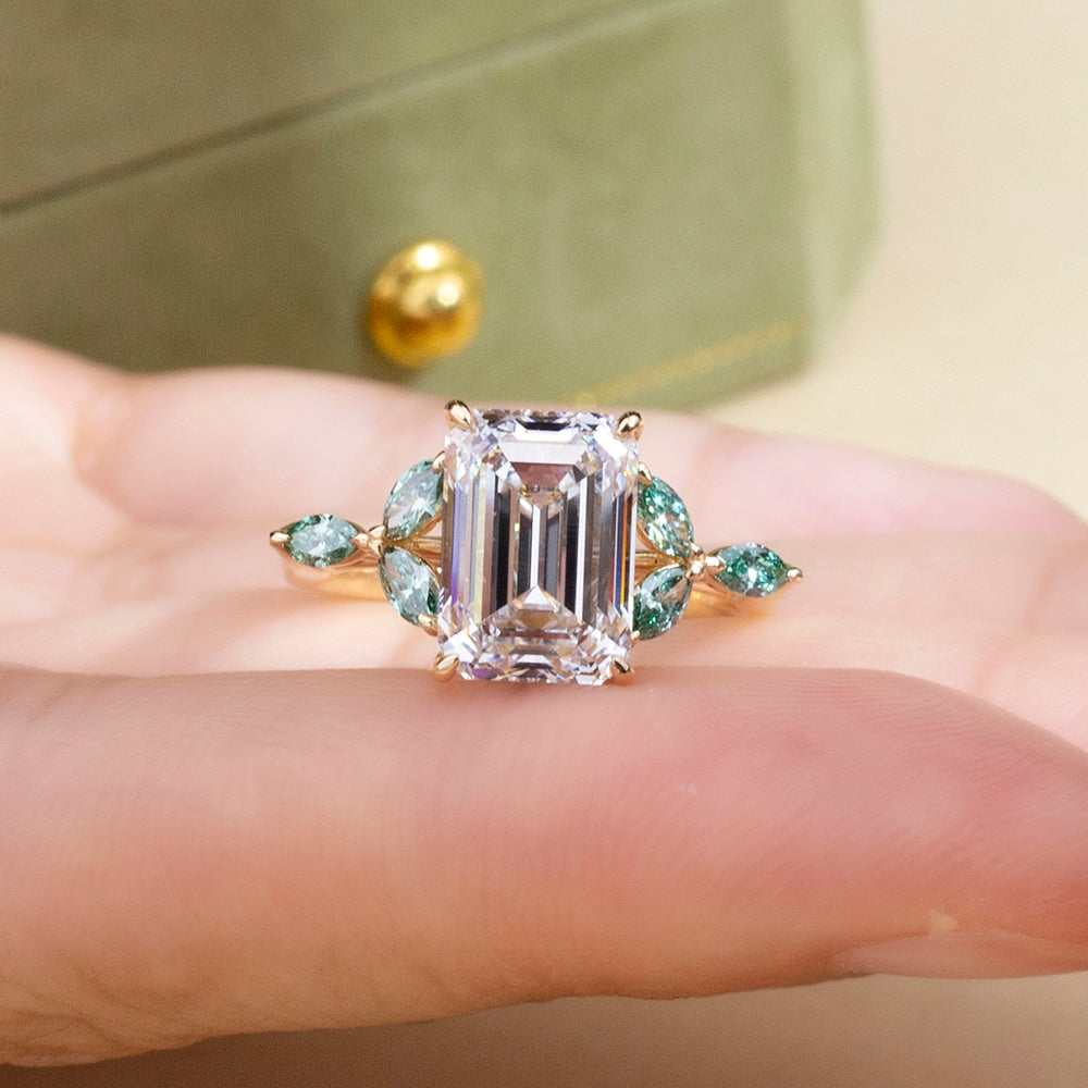 Eco-1833: Garden of Light – Lab-Grown Diamond & Emerald Leaf Ring in 18K Yellow Gold