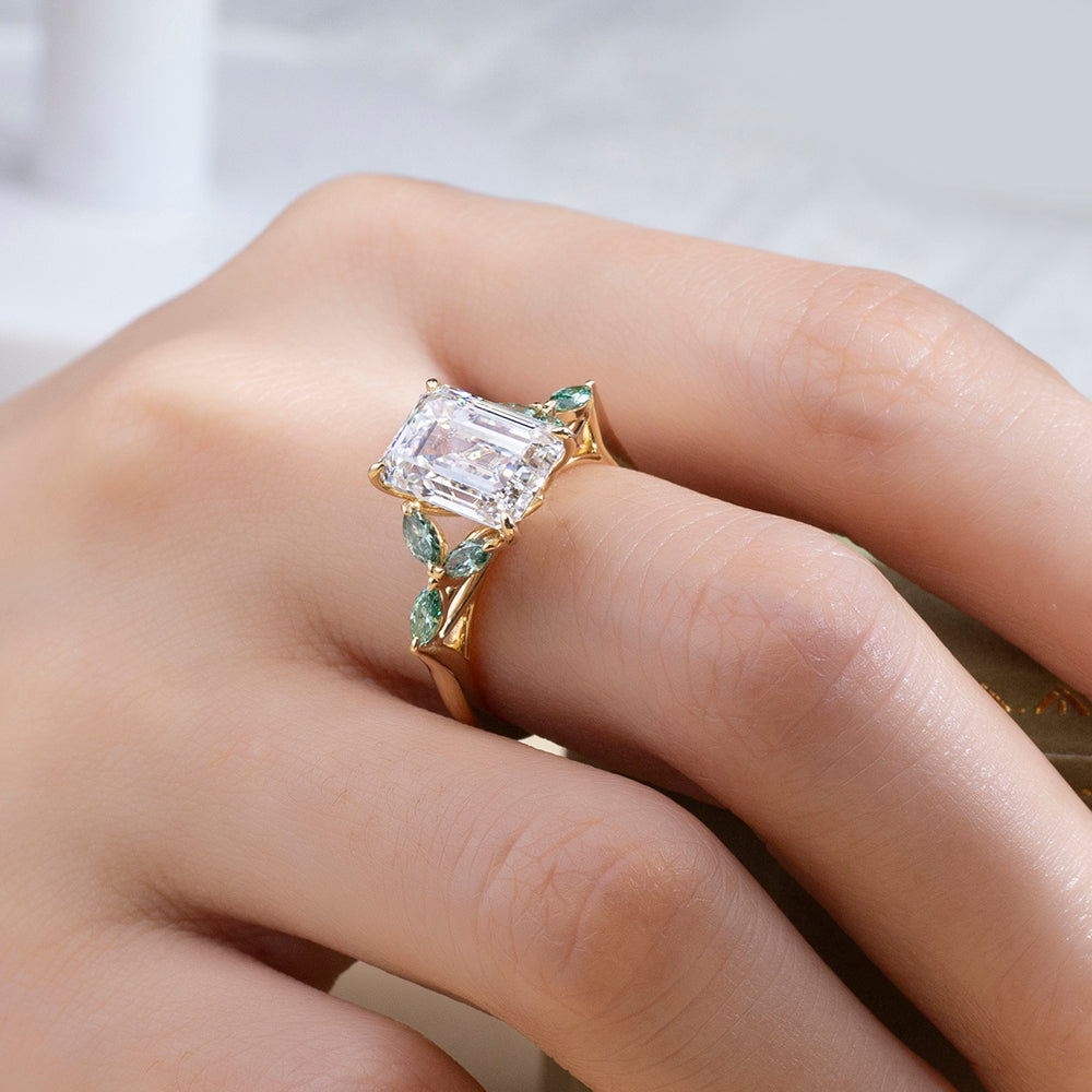 Eco-1833: Garden of Light – Lab-Grown Diamond & Emerald Leaf Ring in 18K Yellow Gold