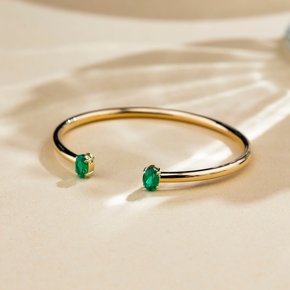 Ecob-632 | Twin Verdure Lab Emerald Open Cuff Bracelet in 18K Gold