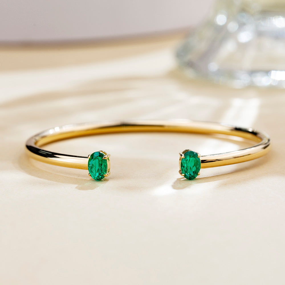Ecob-632 | Twin Verdure Lab Emerald Open Cuff Bracelet in 18K Gold