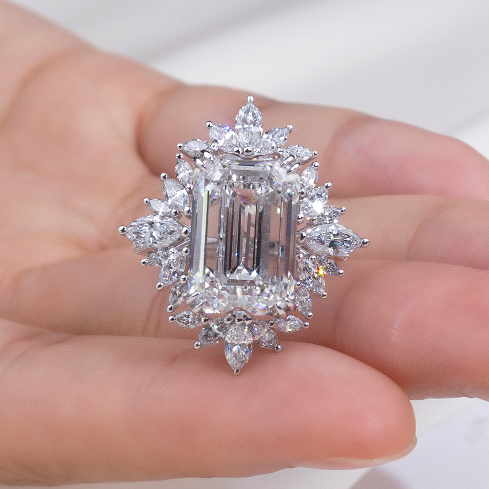 Eco-1842: スターバースト グレース – ラボグロウンダイヤモンド フローラルハローリング 18Kホワイトゴールド