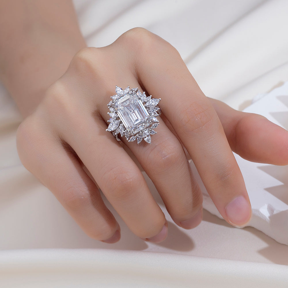 Eco-1842: スターバースト グレース – ラボグロウンダイヤモンド フローラルハローリング 18Kホワイトゴールド