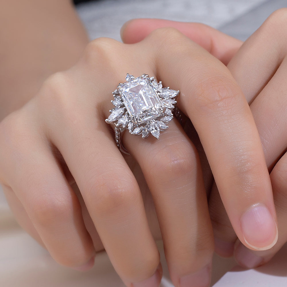 Eco-1842: スターバースト グレース – ラボグロウンダイヤモンド フローラルハローリング 18Kホワイトゴールド