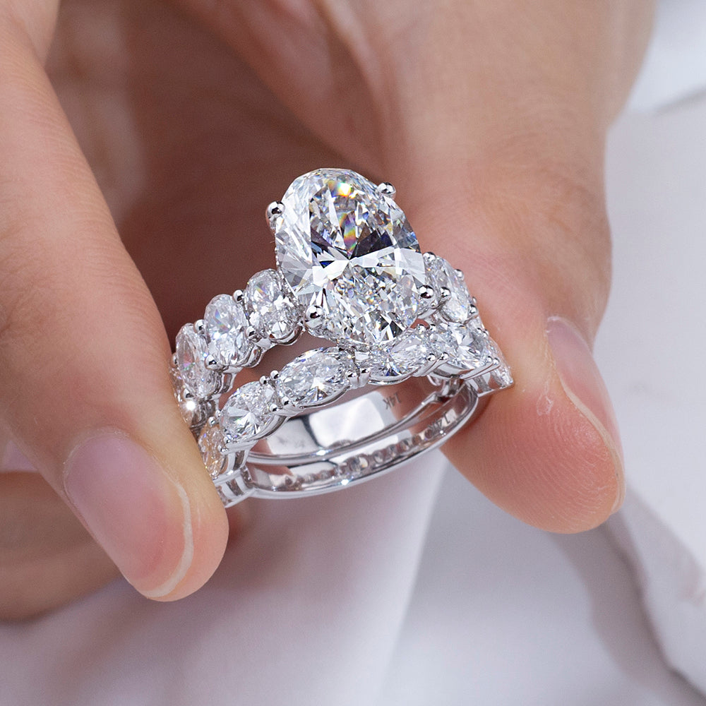 Eco-1852: Crowned Radiance – Lab-Grown Oval Diamond & Marquise Halo Bridal Set in 18K White Gold
