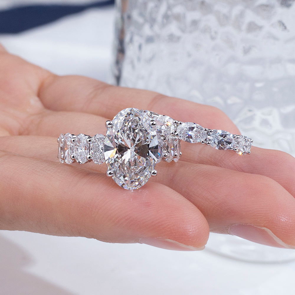 Eco-1852: Crowned Radiance – Lab-Grown Oval Diamond & Marquise Halo Bridal Set in 18K White Gold