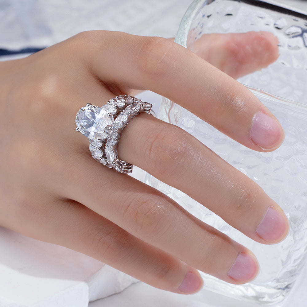 Eco-1852: Crowned Radiance – Lab-Grown Oval Diamond & Marquise Halo Bridal Set in 18K White Gold