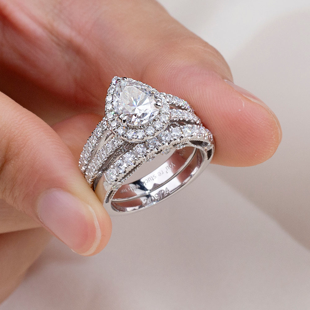 Eco-1857: Tears of Light – Lab-Grown Pear Diamond Halo Bridal Set in 18K White Gold