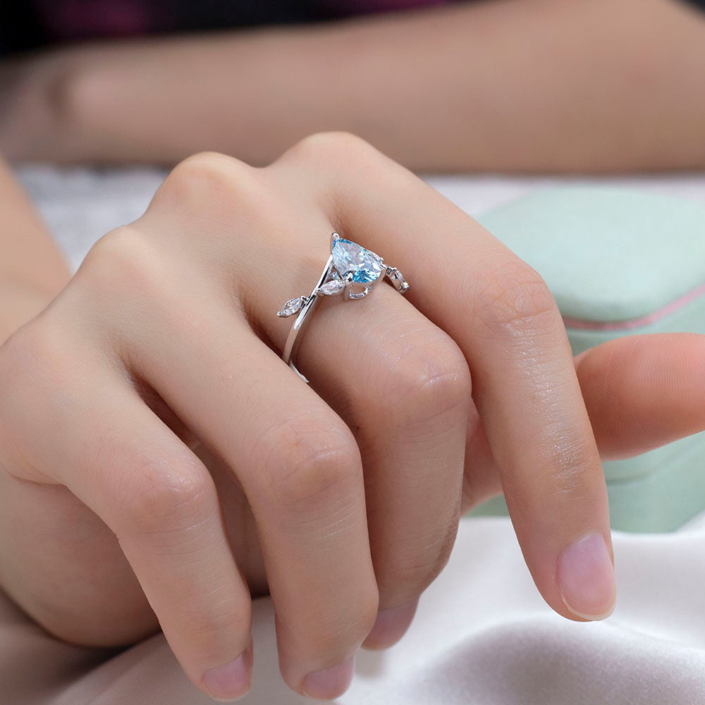 Eco-1860: Skyborn Grace – Lab-Grown Blue Diamond Leaf Ring in 18K White Gold