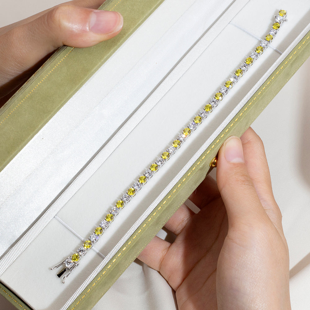 Ecob-638: ゴールデンダスク – ラボグロウンイエローダイヤモンド テニスブレスレット（18Kホワイトゴールド） 