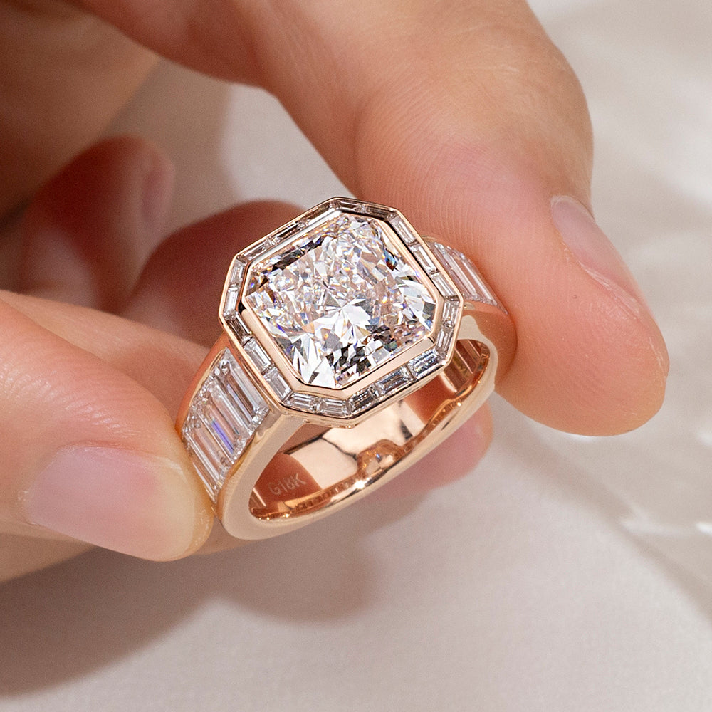 Eco-1877: The Imperial Frame – Lab-Grown Radiant Diamond Halo Ring in 18K Rose Gold