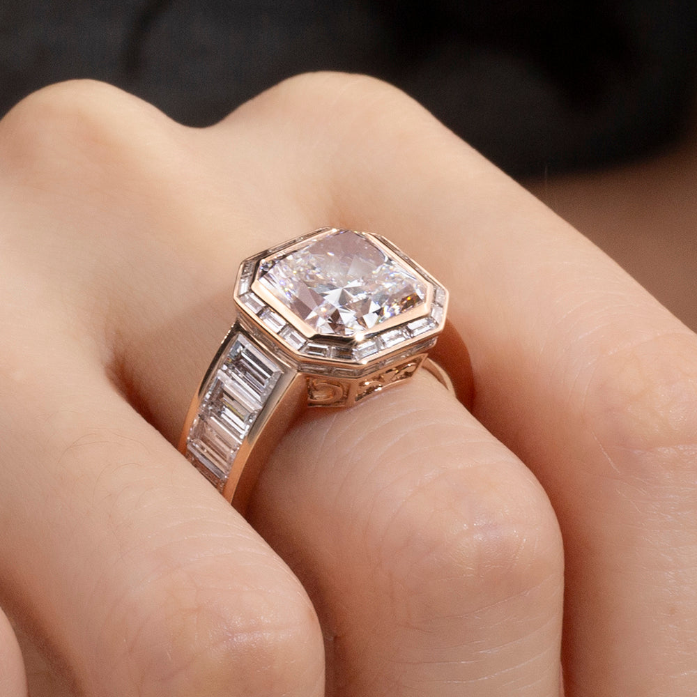 Eco-1877: The Imperial Frame – Lab-Grown Radiant Diamond Halo Ring in 18K Rose Gold