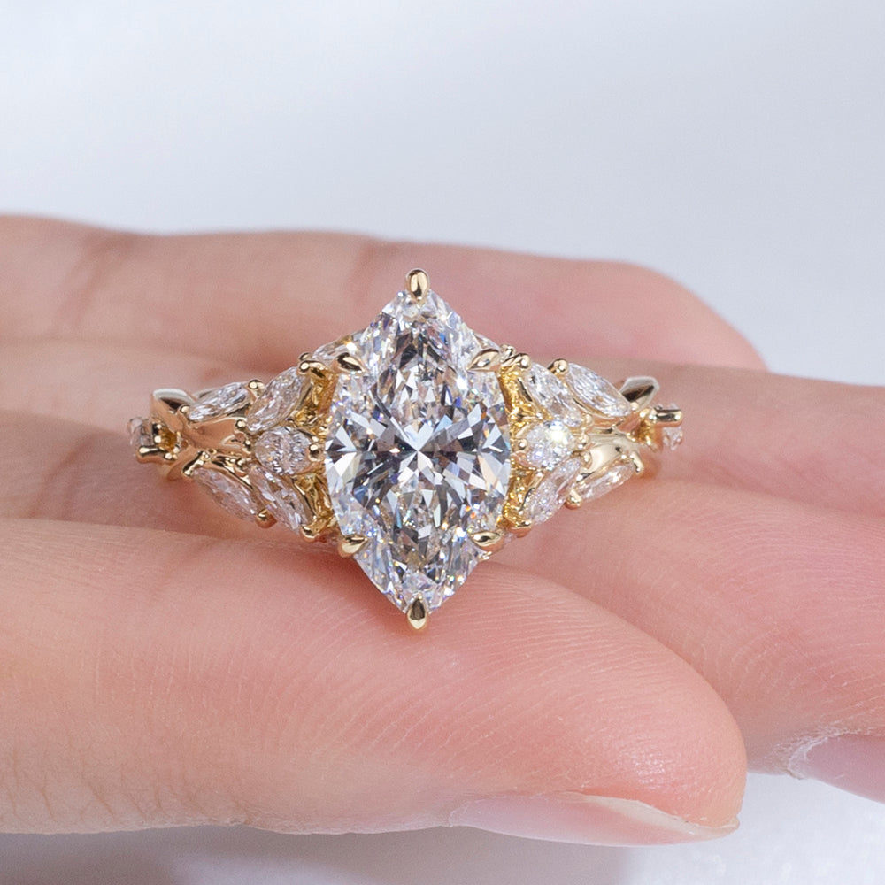 Eco-1883: Garden of Light – Lab-Grown Marquise Diamond Leaf Ring in 18K Yellow Gold