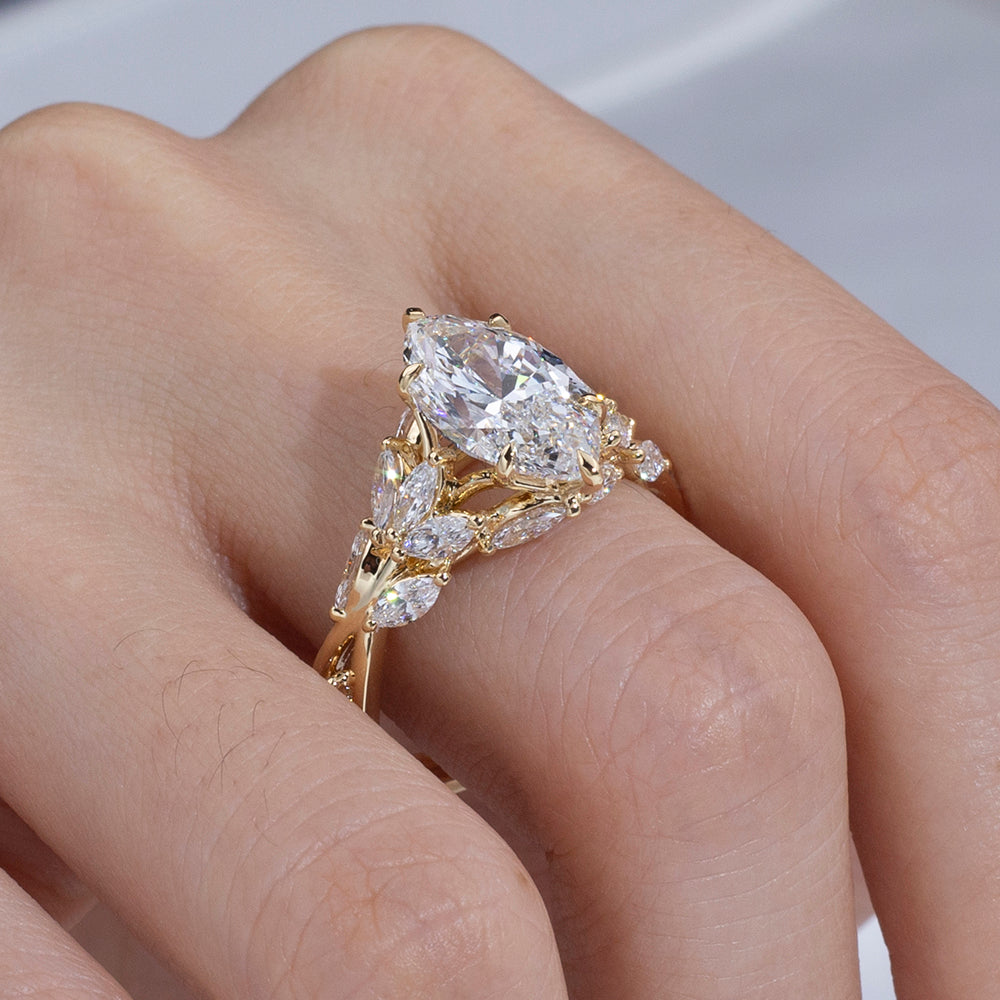 Eco-1883: Garden of Light – Lab-Grown Marquise Diamond Leaf Ring in 18K Yellow Gold