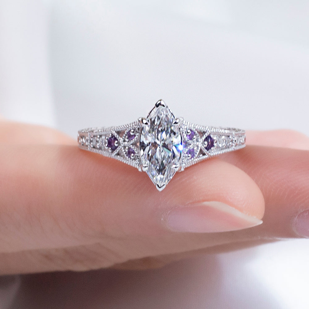 Eco-1885: Twilight Filigree – Lab-Grown Marquise Diamond; Amethyst Ring in 18K White Gold