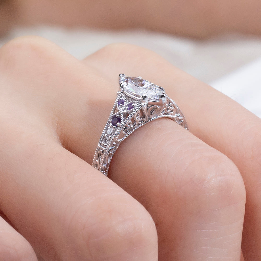 Eco-1885: Twilight Filigree – Lab-Grown Marquise Diamond; Amethyst Ring in 18K White Gold