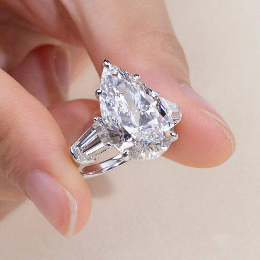 Eco-1888: Crowned Light – Lab-Grown Pear Diamond Three-Stone Ring in 18K White Gold
