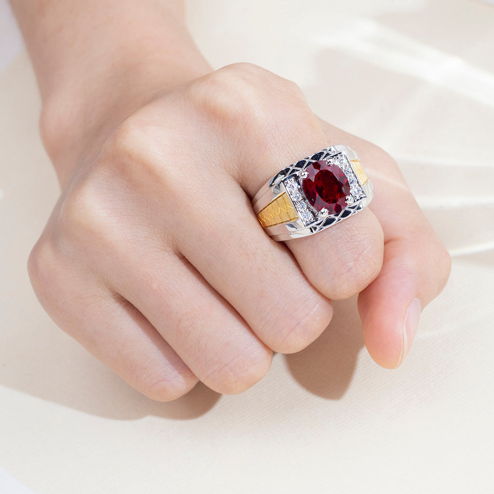 Eco-1890: Crimson Crest – Lab-Grown Ruby & Diamond Men’s Ring in 18K White and Yellow Gold