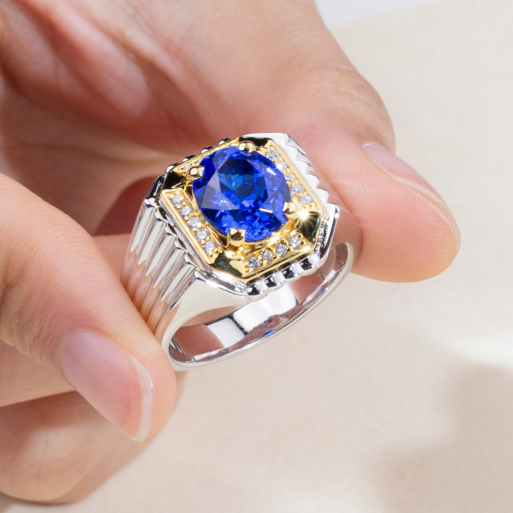 Eco-1891: Sapphire Sovereign – Lab-Grown Blue Sapphire & Diamond Ring in 18K White and Yellow Gold