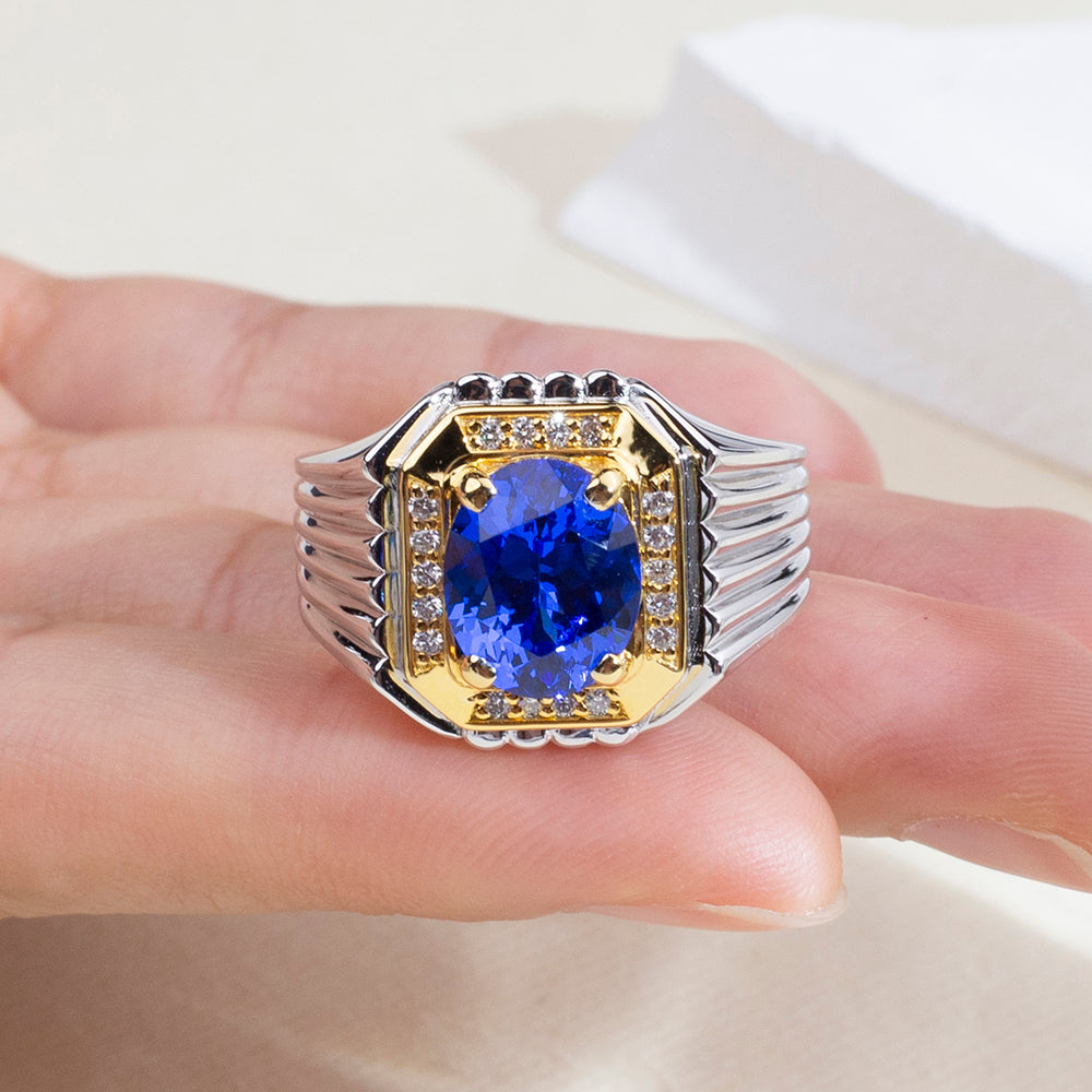 Eco-1891: Sapphire Sovereign – Lab-Grown Blue Sapphire & Diamond Ring in 18K White and Yellow Gold