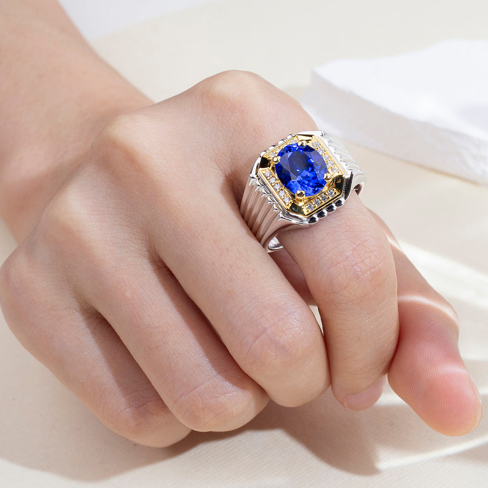 Eco-1891: Sapphire Sovereign – Lab-Grown Blue Sapphire & Diamond Ring in 18K White and Yellow Gold
