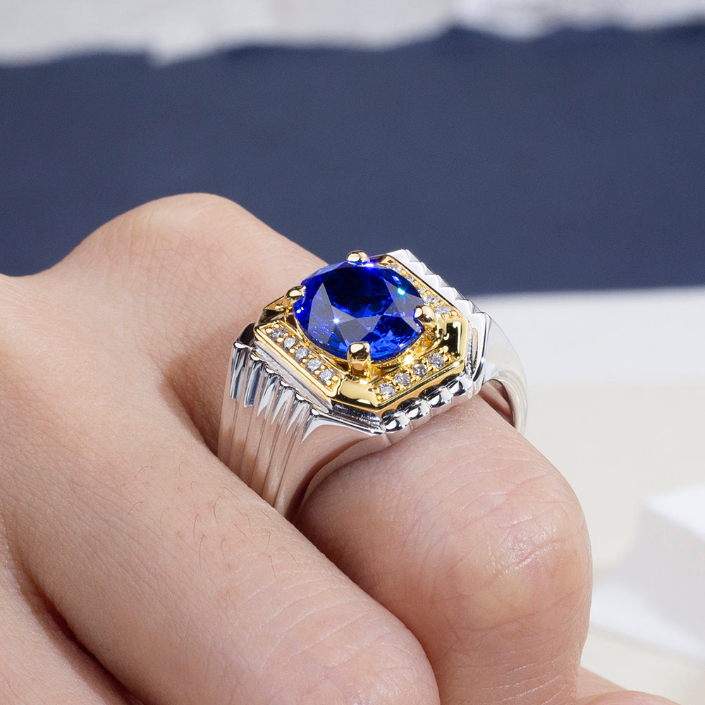 Eco-1891: Sapphire Sovereign – Lab-Grown Blue Sapphire & Diamond Ring in 18K White and Yellow Gold