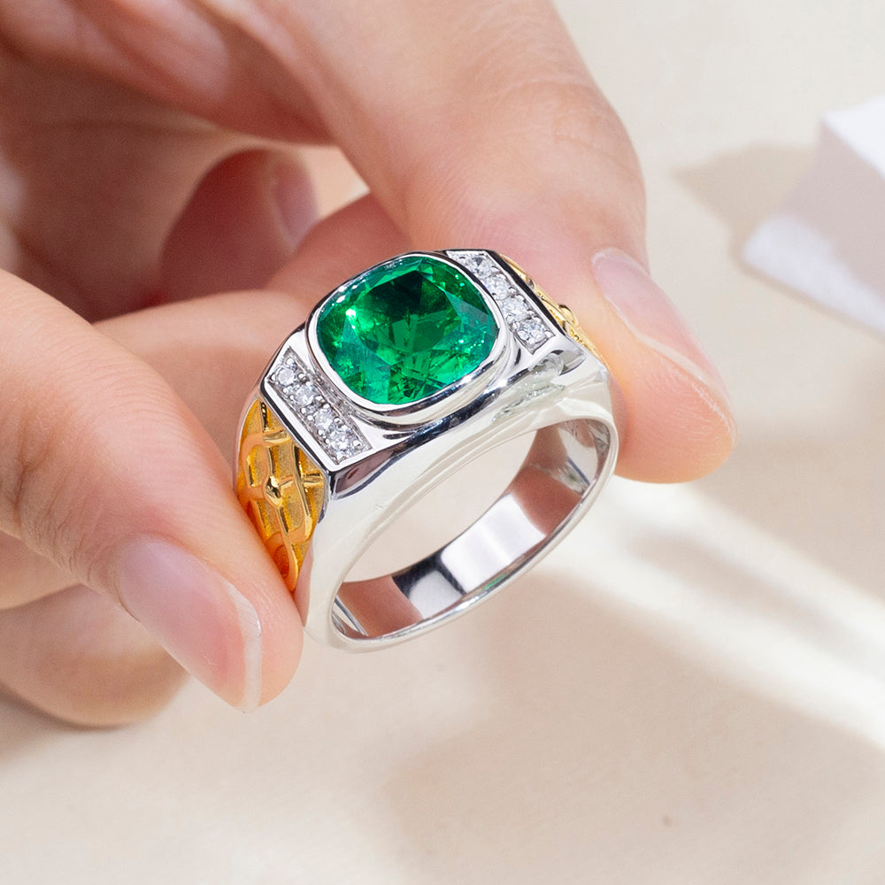 Eco-1889: Emerald Legacy – Lab-Grown Green Emerald Cushion Ring in 18K White ; Yellow Gold