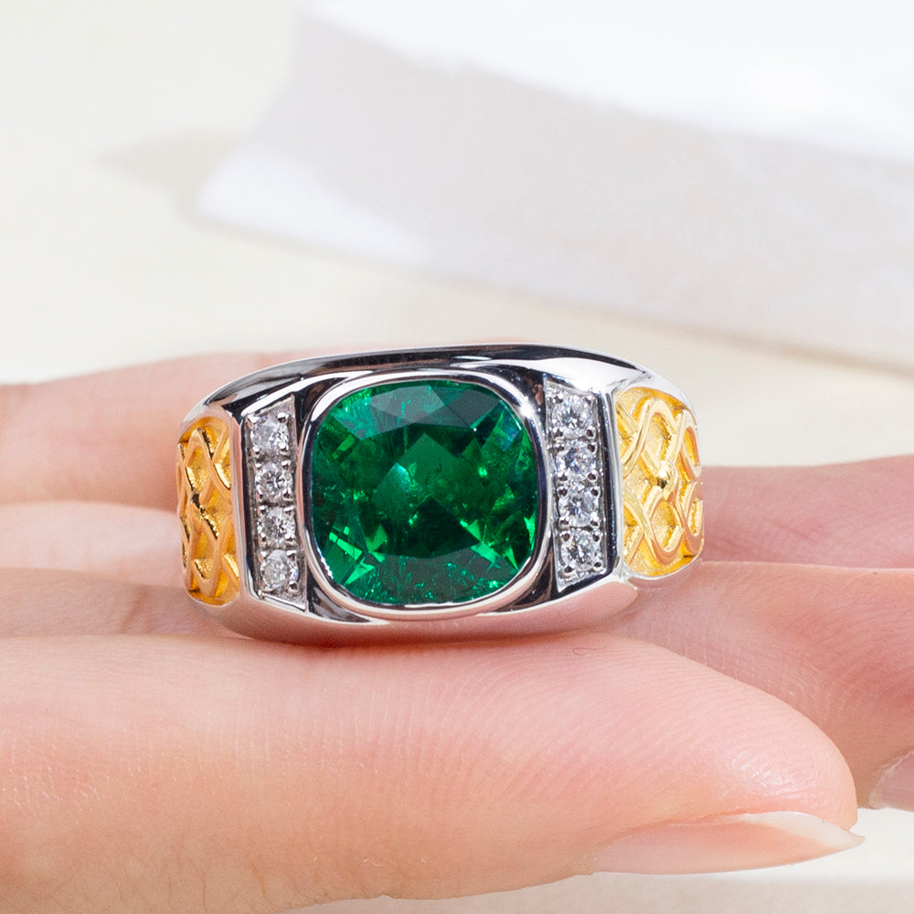 Eco-1889: Emerald Legacy – Lab-Grown Green Emerald Cushion Ring in 18K White ; Yellow Gold
