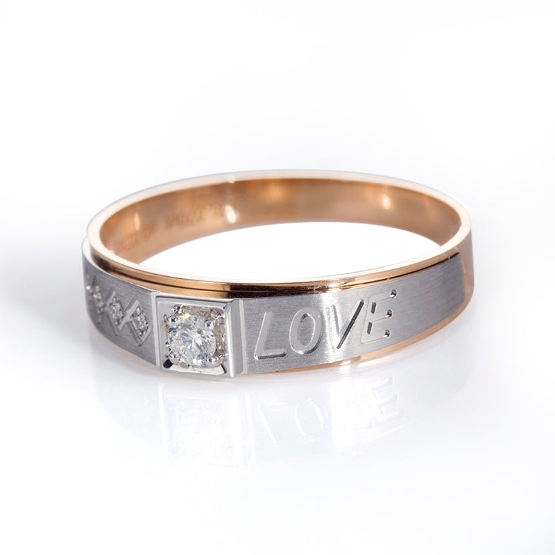 Harley-184: Love Inscription – Bandas de bisel con diamantes cultivados en laboratorio en oro blanco y amarillo de 18 quilates