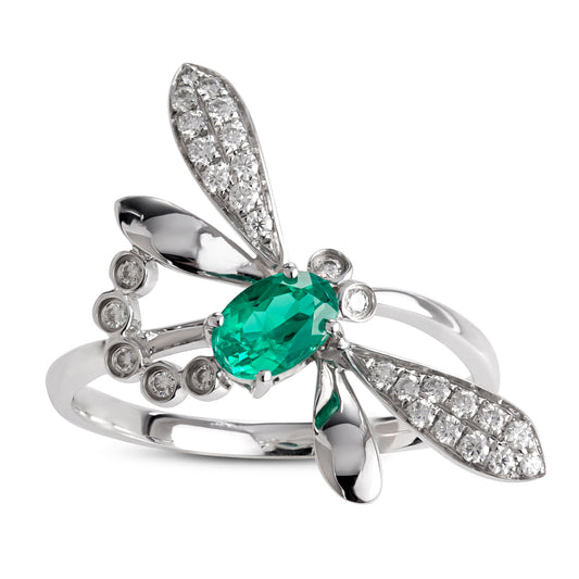 Eco—027: Lab-Grown Emerald &amp; Diamond Ring in 18K White Gold By Ecogemma