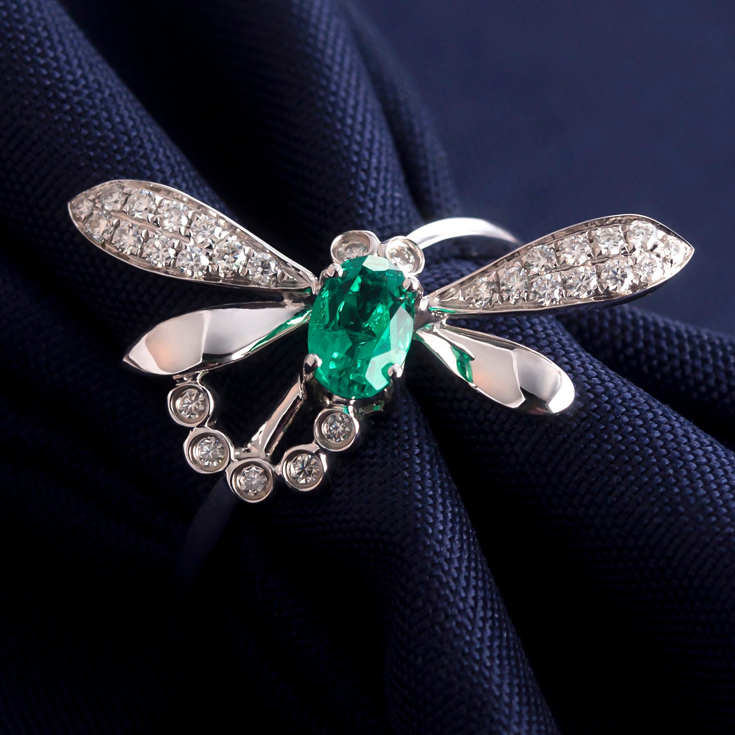 Eco—027: Lab-Grown Emerald &amp; Diamond Ring in 18K White Gold By Ecogemma