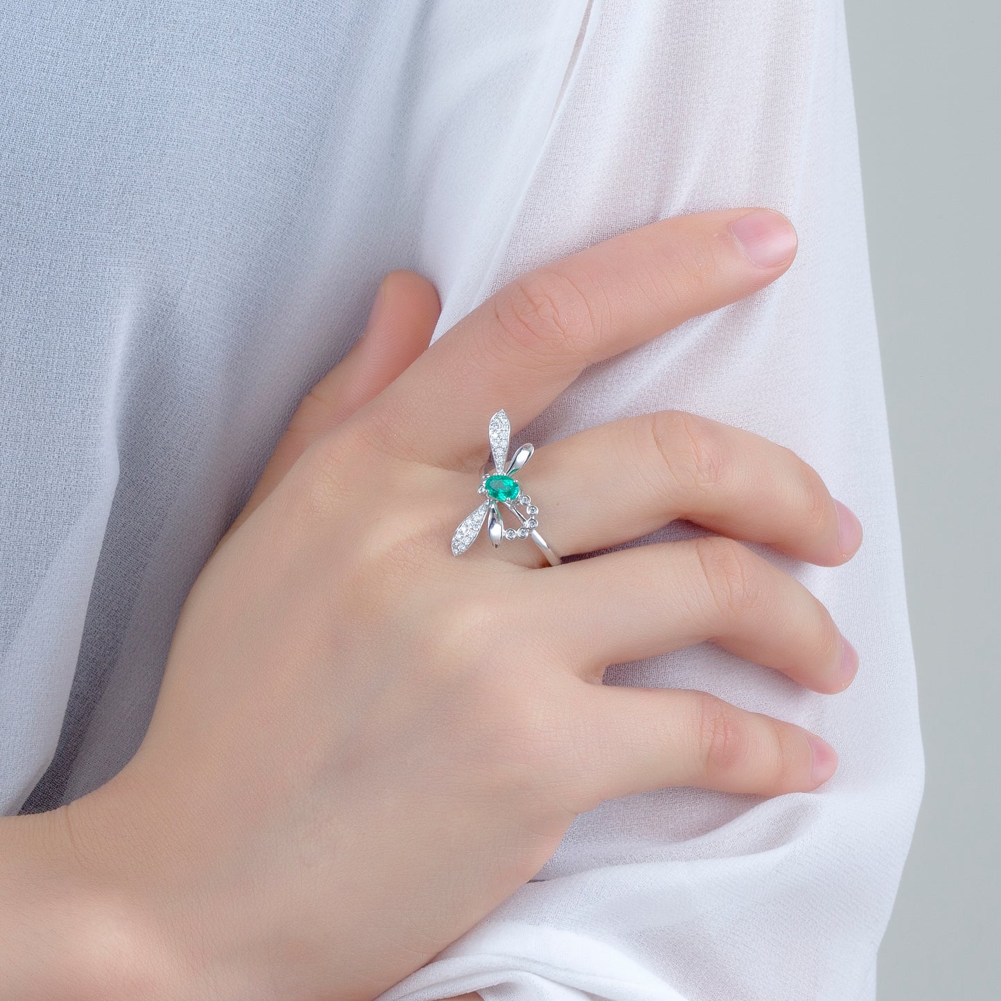 Eco—027: Lab-Grown Emerald &amp; Diamond Ring in 18K White Gold By Ecogemma