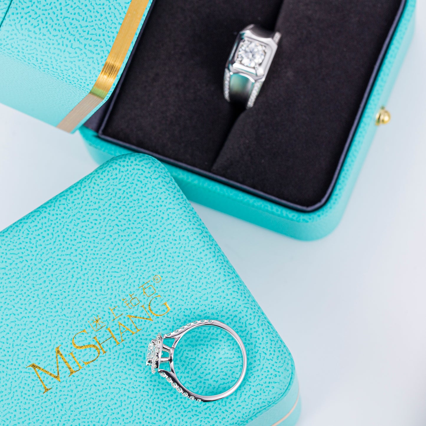 Harley-328: Twin Radiance – Anillos con halo y bisel de diamantes cultivados en laboratorio en oro blanco de 18 quilates