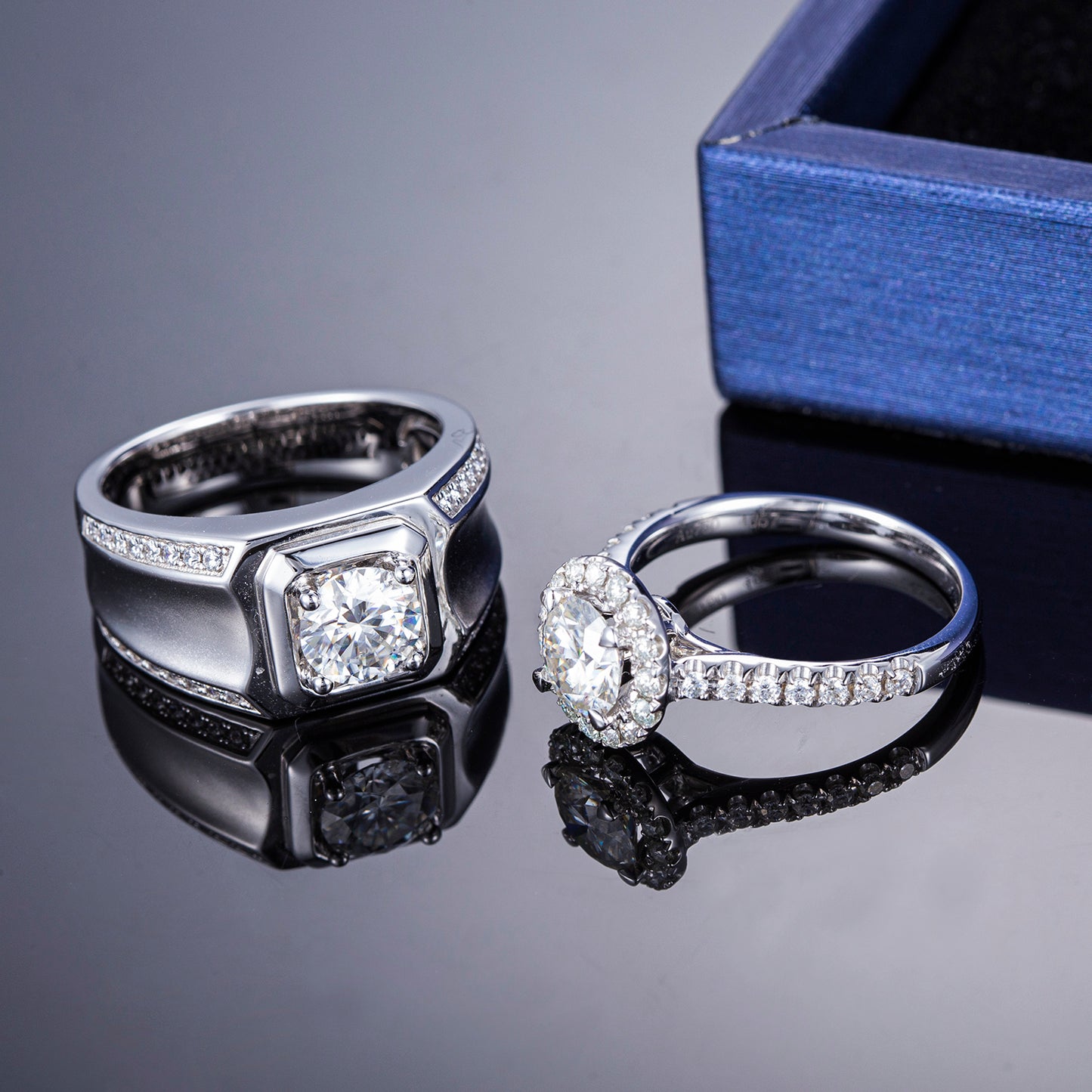 Harley-328: Twin Radiance – Anillos con halo y bisel de diamantes cultivados en laboratorio en oro blanco de 18 quilates