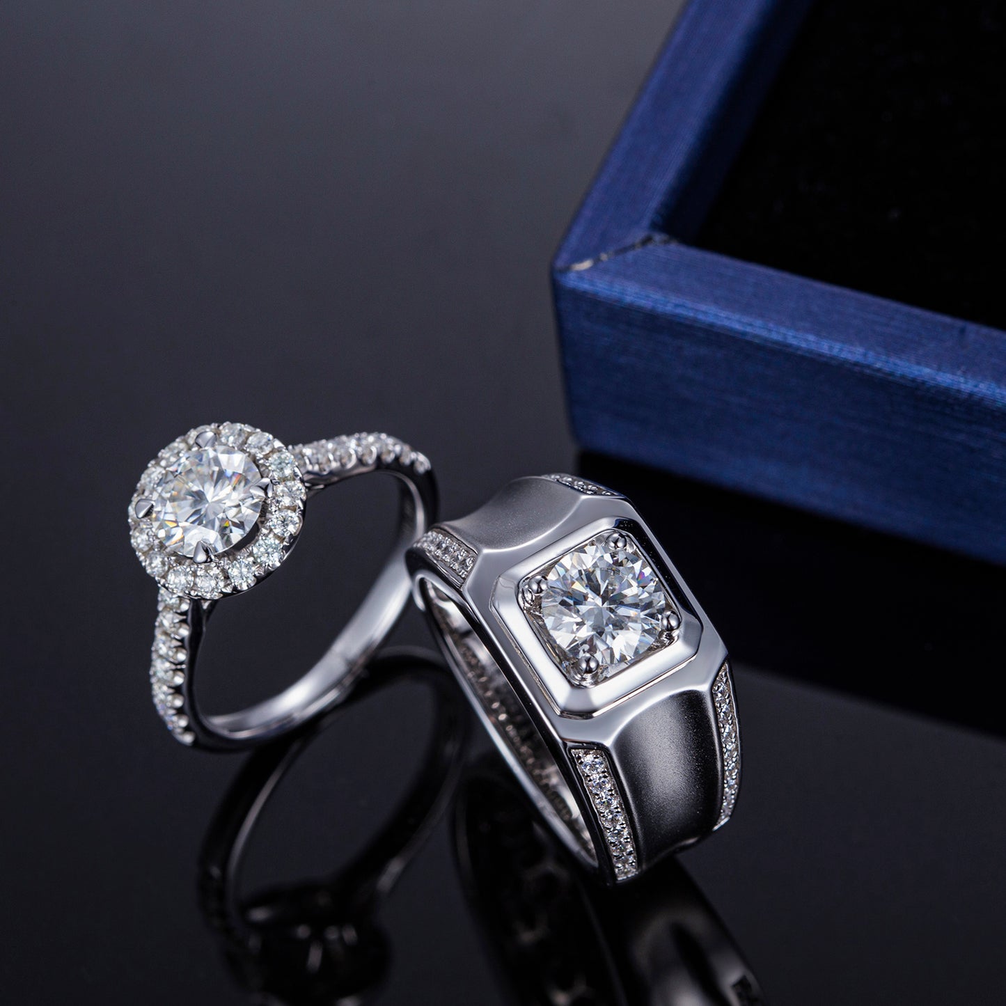 Harley-328: Twin Radiance – Anillos con halo y bisel de diamantes cultivados en laboratorio en oro blanco de 18 quilates