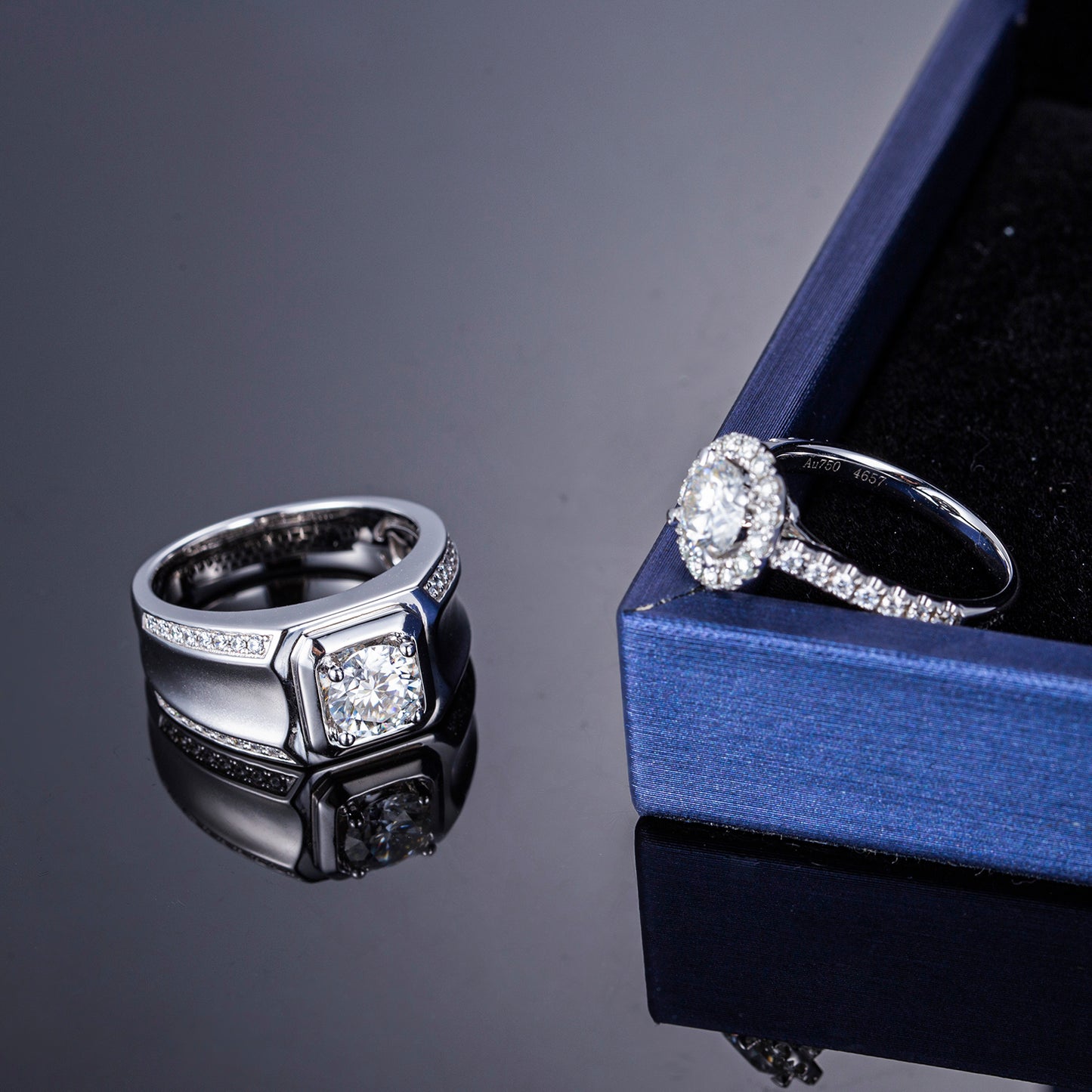 Harley-328: Twin Radiance – Anillos con halo y bisel de diamantes cultivados en laboratorio en oro blanco de 18 quilates