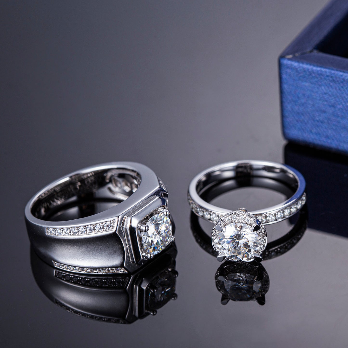 Harley-328: Twin Radiance – Anillos con halo y bisel de diamantes cultivados en laboratorio en oro blanco de 18 quilates