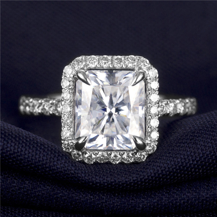 Eco-391: Radiant Reverie – Lab-Grown Radiant Diamond Halo Ring in 18K White Gold
